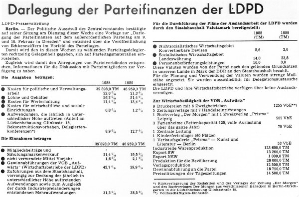 LDPD Finazen veröffentlicht am 13.01.1990 in der Zeitung der Morgen